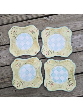 Blue Diamonds Square Garden Dinner Plates, Yellow Flowers Border Capriware 4 Pcs